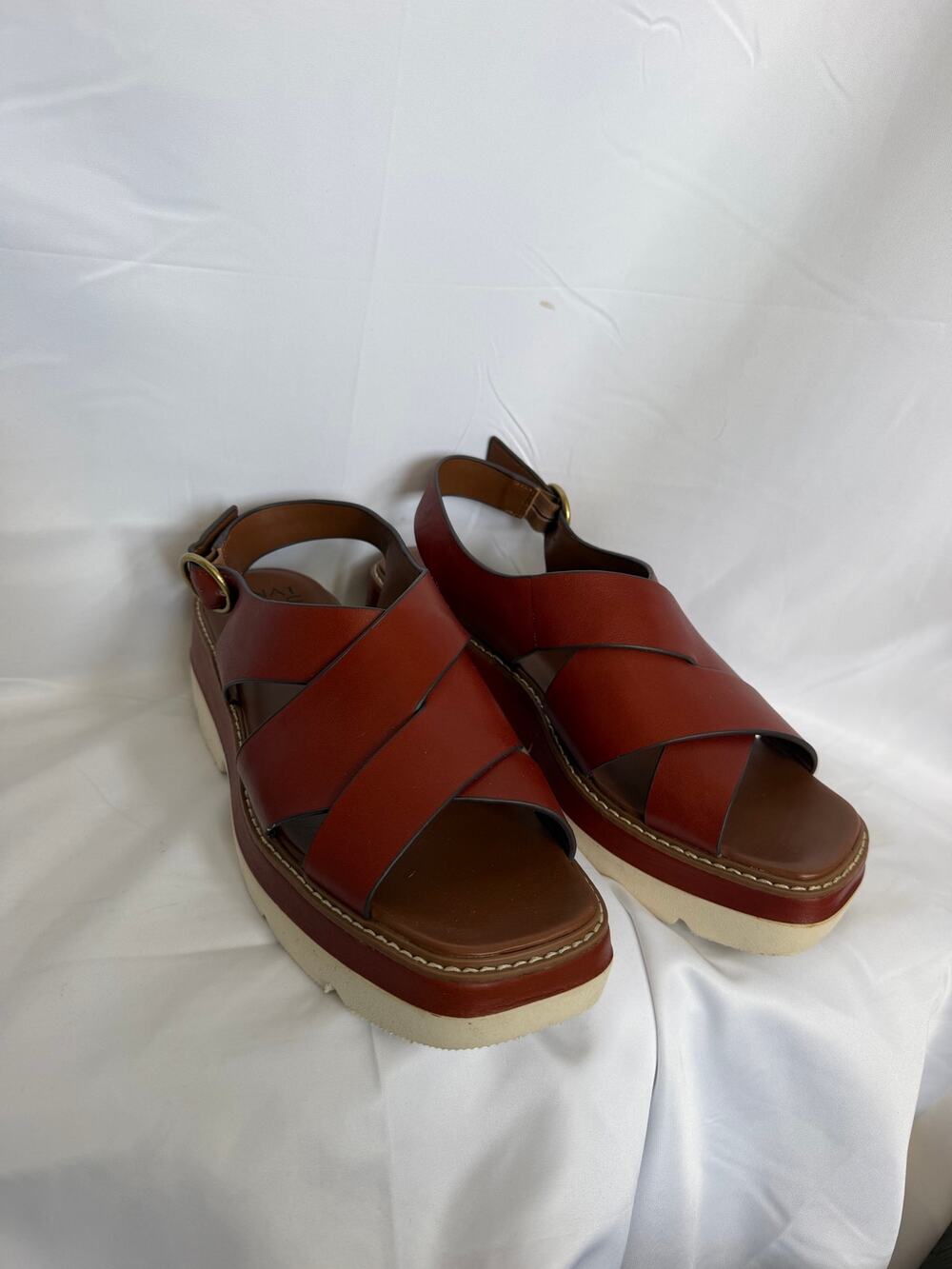 Naturalizer Halifax Sandal Cognac Buckle Leather Chunky Platform Shoes 8.5